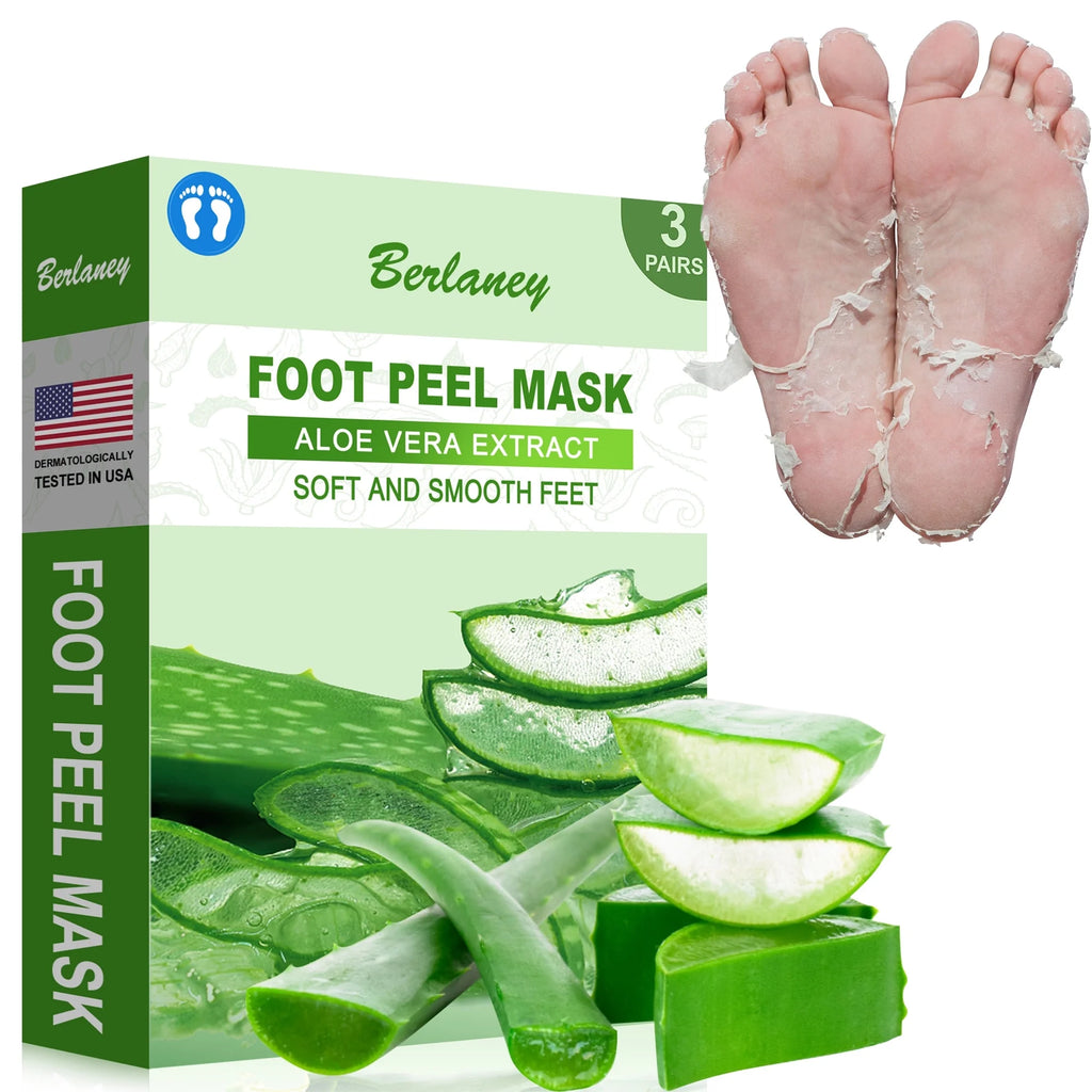 Berlaney Aloe Vera Foot Peel Mask 3 Pairs, Exfoliating Mask for Dry Cracked Feet